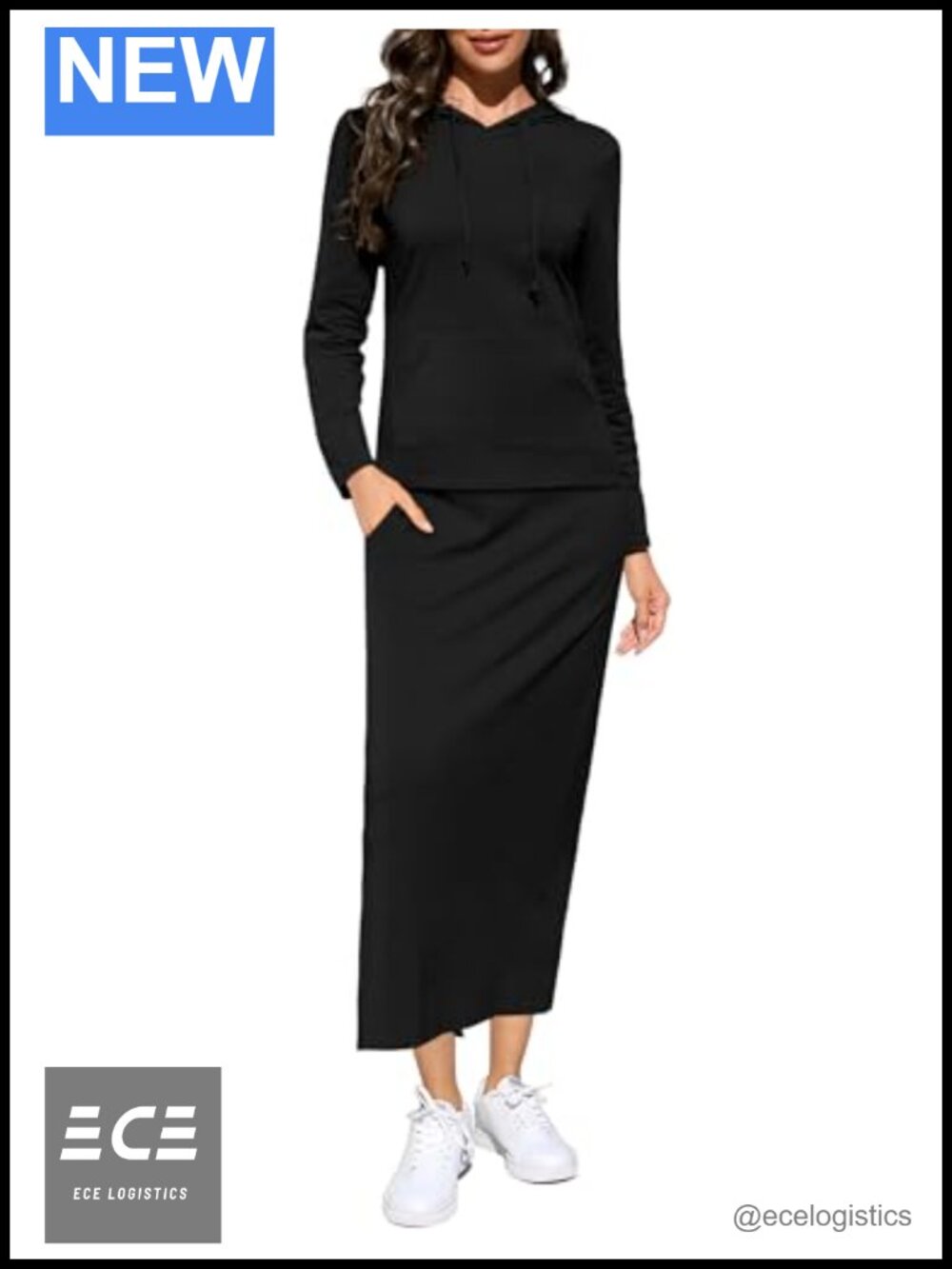 2 Piece Outfit Set Hoodie Top Midi Skirt Tracksuit Lounge Set with Pockets